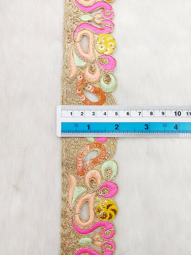 Cutwork Lace Trim With Intricate Hand Embroidered Swans In Pink and Zardozi Embroidery, Floral Trims, Sari Border